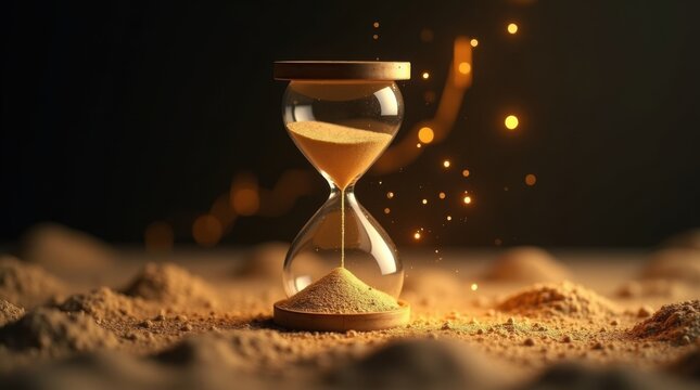 Reloj de arena dorado con arena que se transforma en gr&aacute;ficos burs&aacute;tiles ascendentes en pleno vuelo
