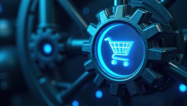 Engranaje met&aacute;lico con s&iacute;mbolo de carrito de compras brillante en su interior, detalles de ne&oacute;n azul, fondo industrial
