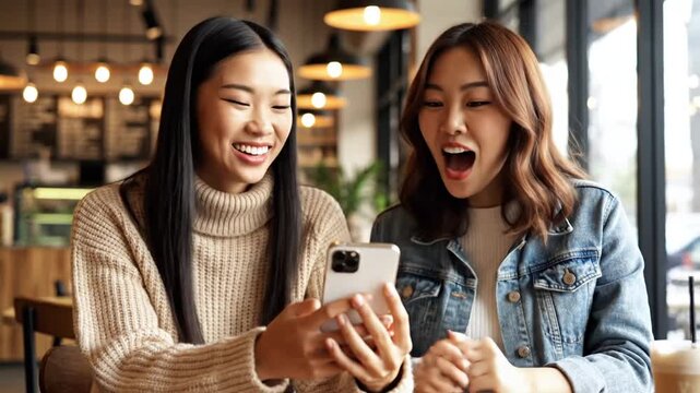 Two young women react to mobile phone display in cafe setting