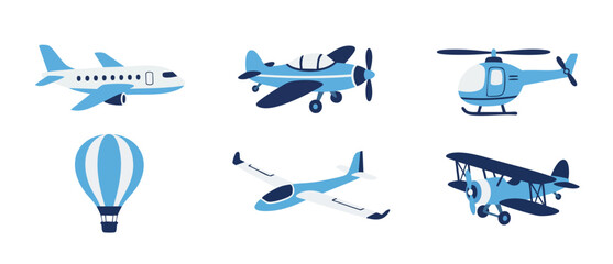 Airplane and Aircraft Set: Commercial Jet, Propeller Plane, Helicopter, Hot Air Balloon, Glider and Biplane Icons for Kids Design, Aviation Collection in Flat Blue Vector Style for Education or Travel © Fernando