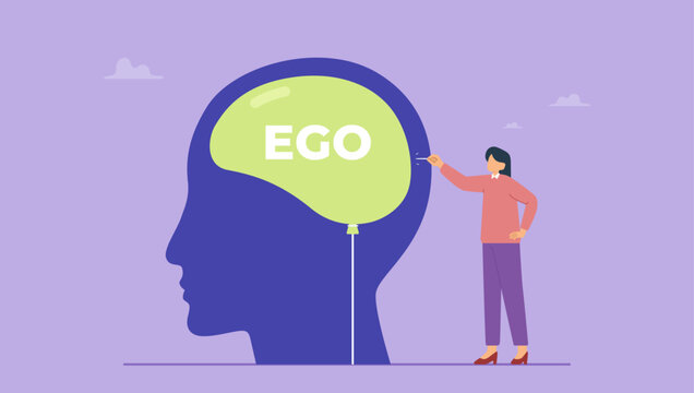 Woman piercing a balloon with the word ego on it. Egocentric symbol of the cult of personality, too much proud of yourself or overconfident concept.
