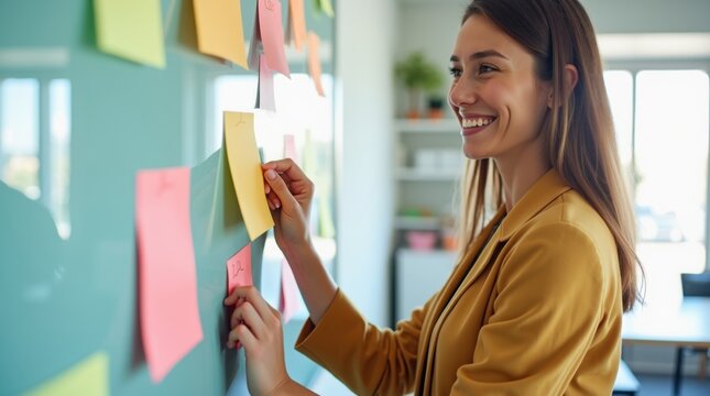 Mujer creativa y sonriente ordena notas adhesivas de colores en una pizarra transparente, en una oficina espaciosa