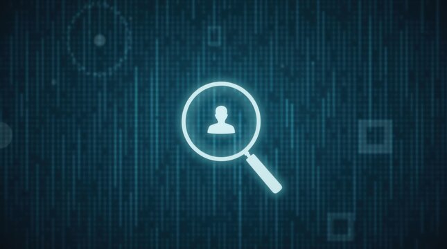 Pantalla de reclutamiento digital con lupa que resalta el icono del usuario, concepto moderno de recursos humanos