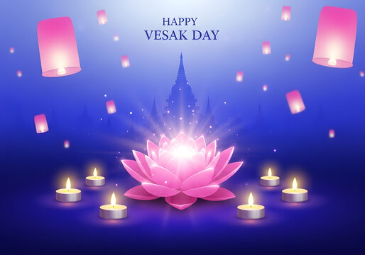 vesak day celebration with pink lotus and lanterns