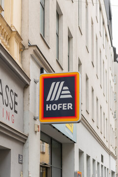 April 15, 2026, Vienna, Austria. Close-up of Hofer supermarket logo sign on building facade