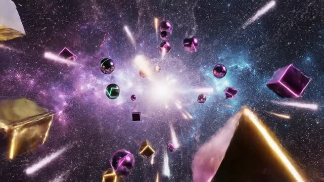 Abstract geometric shapes floating in outer space with glowing edges