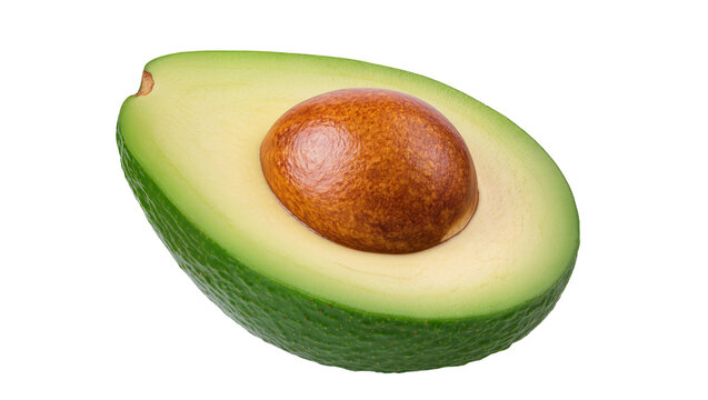 Ripe green avocado half with brown seed and stem