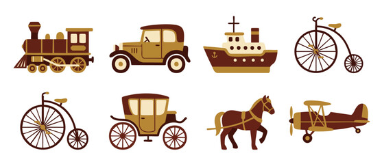 Vintage Transportation Icons Set, Retro Travel Vehicles Collection. Steam Train, Classic Car, Ship, Penny Farthing Bicycle, Horse Carriage, and Biplane Aircraft Illustrations for Graphic Design Projec © Fernando