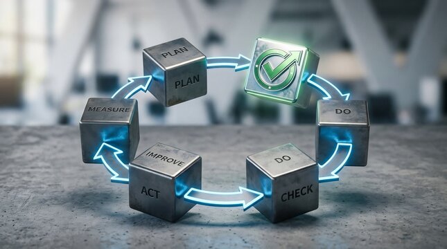 Business process model showing metallic cubes in a continuous cycle with neon arrows demonstrates the iterative cycle of planning and checking to improve corporate operational performance and quality.