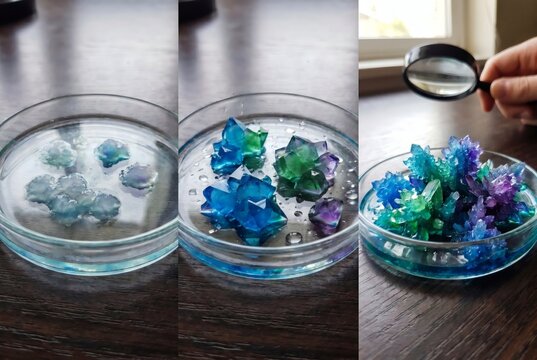 Vibrant Blue Green Purple Crystal Cluster Growing in Glass Petri Dish on Dark Wooden Table Science Experiment