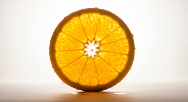 Radiant Orange Slice Illuminated Against A Soft White , Showcasing Its Vibrant Color and Textured Surface Concept Delicious Food
