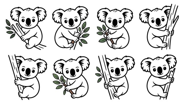 Cute koala outline cartoon characters collection for coloring and design illustration set