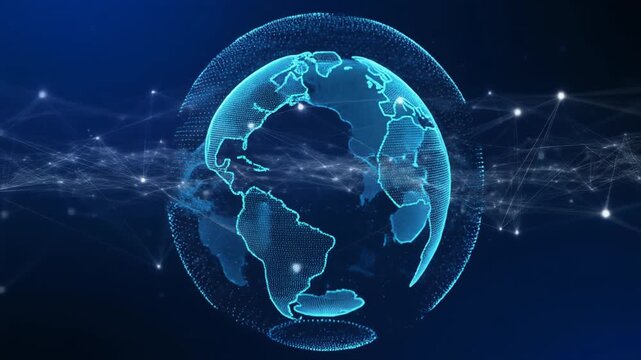 Digital glowing Earth globe with interconnected network lines and dots representing global communication and technology.