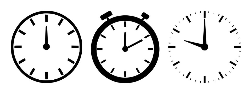 Clock time icon set with solid black color and white background featuring a timer, measurement, countdown with an alarm and deadline symbol