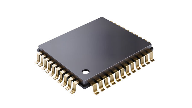 Black rectangular electronic microchip with gold connector pins