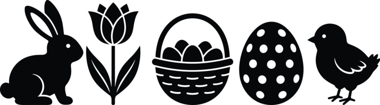 Easter vector illustration set, stylized spring icons with rabbit, tulip, basket, egg and chick for seasonal design