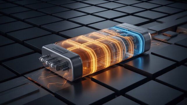 Solid state battery visualization with internal structure and energy flow representing next generation energy storage and advanced power technology