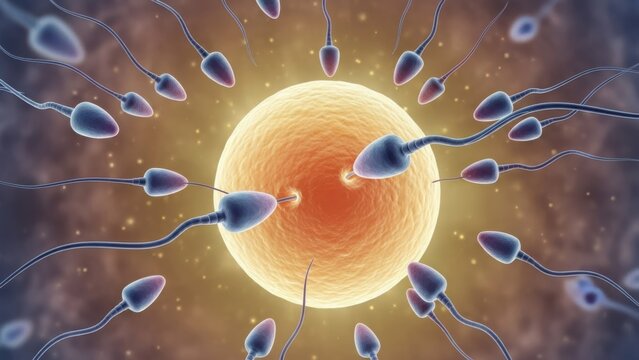 Sperm cells surrounding an egg cell in fertilization