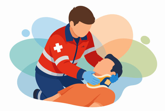 Paramedic Applying Cervical Collar to Injured Patient Illustration