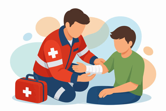Paramedic Bandaging Injured Boy Arm During Emergency Service