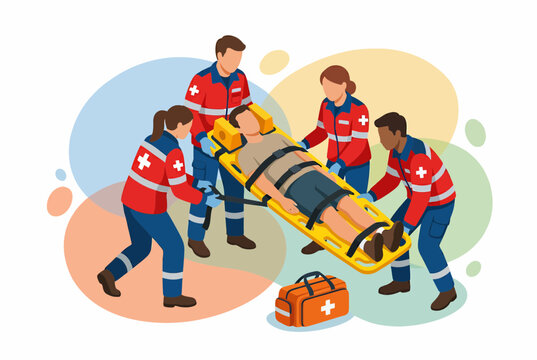 Paramedics team carrying injured man on stretcher for emergency care