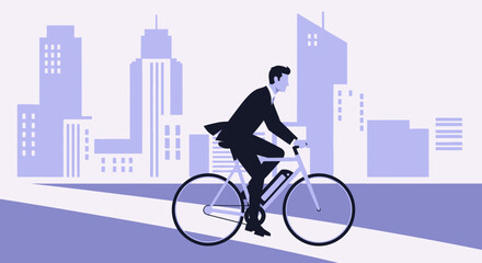 Fototapeta premium Businessman in suit riding bicycle through modern cityscape