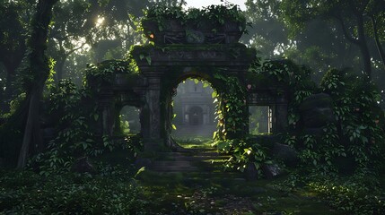 Fototapeta premium Dark green tunnel archway with stone walls and mossy ground