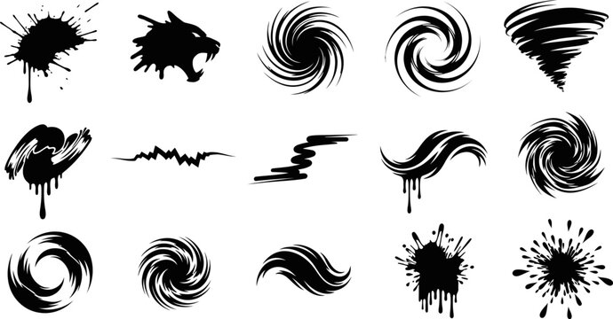 Collection of black splash and vortex motion effect elements isolated on transparent grid.