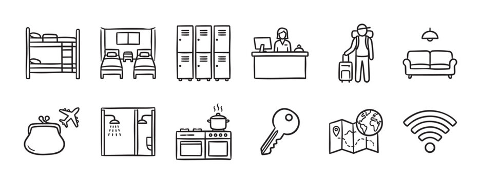 A collection of hand-drawn black line icons representing various elements of hostel life, including beds, reception, kitchen, and amenities, perfect for travel blogs or informational graphics.