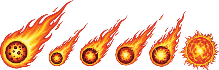 Fireball and Meteor Set with Flaming Asteroids Comet Trail and Burning Sun Vector Collection for Space Explosion and Fantasy Design © Priyanka