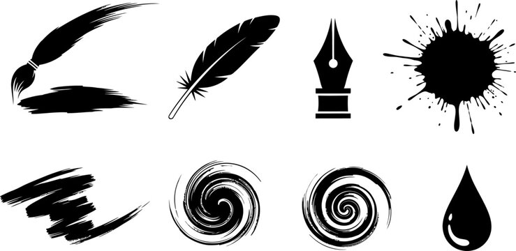 Ink splash brush feather pen drop swirl abstract elements eps vector graphic.