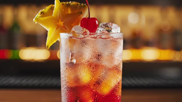 Cold red and orange layered tropical cocktail in a condensed glass with ice, garnished with starfruit, pineapple, and a cherry, set on a wooden bar counter with a bokeh background.