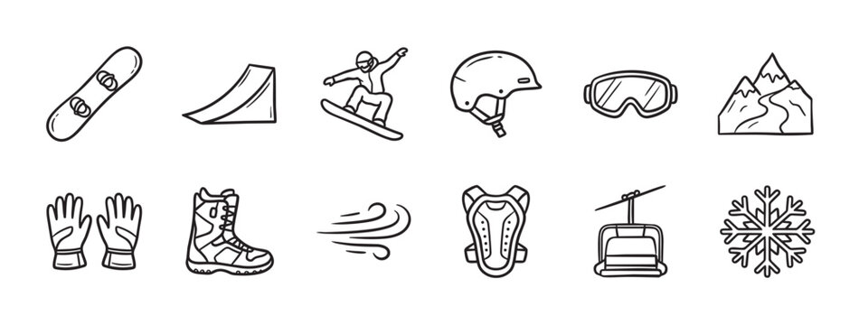 A collection of hand-drawn black and white vector icons depicting snowboarding gear, a snowboarder, and mountain scenery, perfect for winter sports and adventure themes.