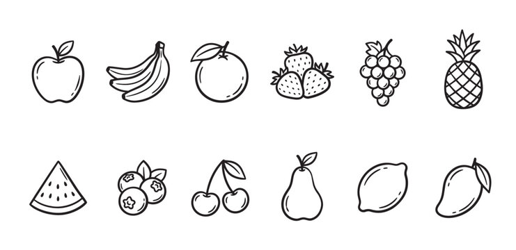 A clean black and white line drawing set featuring various fruits like apples, bananas, oranges, strawberries, grapes, and more, perfect for healthy eating concepts.