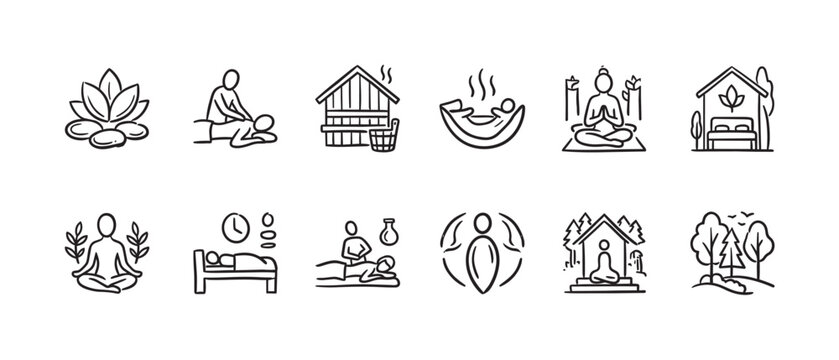 A set of minimalist black line icons representing wellness, spa, yoga, massage, and nature themes for relaxation and self-care.