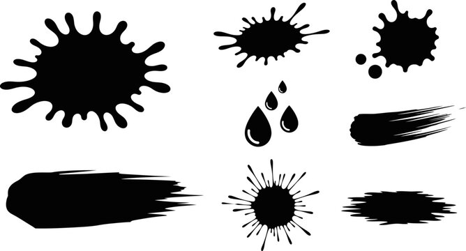 Black ink splash paint blot and brush stroke elements eps.
