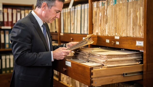 Focused professional retrieve historical documents from a vintage wooden filing cabinet, meticulously search through archives in an old library setting