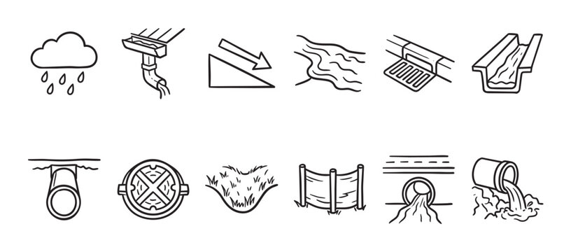 A set of hand-drawn black and white icons illustrating various elements of water drainage systems, including rain, pipes, and manholes.