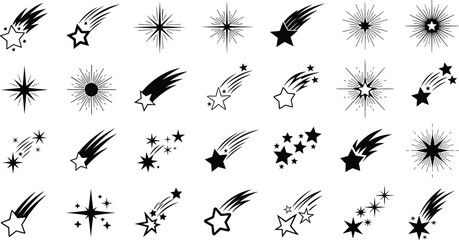 Shooting Star and Sparkle Icon Set with Starbursts Comets and Light Effects Black Vector Collection for Night Sky and Decorative Design © Priyanka