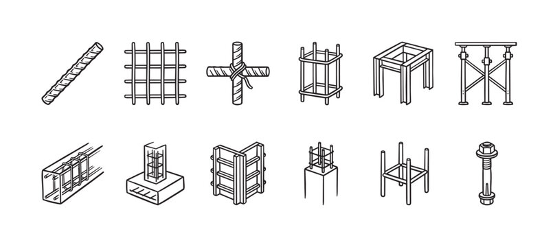 A clean line art illustration set showcasing various steel reinforcement bars, rebar cages, and concrete formwork designs for building and construction projects.