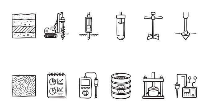 Collection of hand-drawn black and white icons representing soil science equipment, research, and analysis, perfect for scientific, academic, or educational projects.