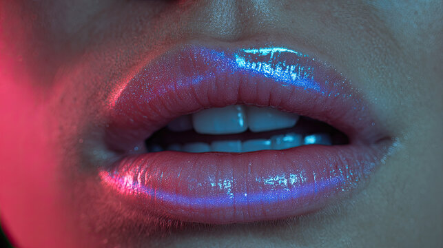 Sexy lips kissing in neon UV disco concept. Close-up of glossy lips with vibrant lighting effects.