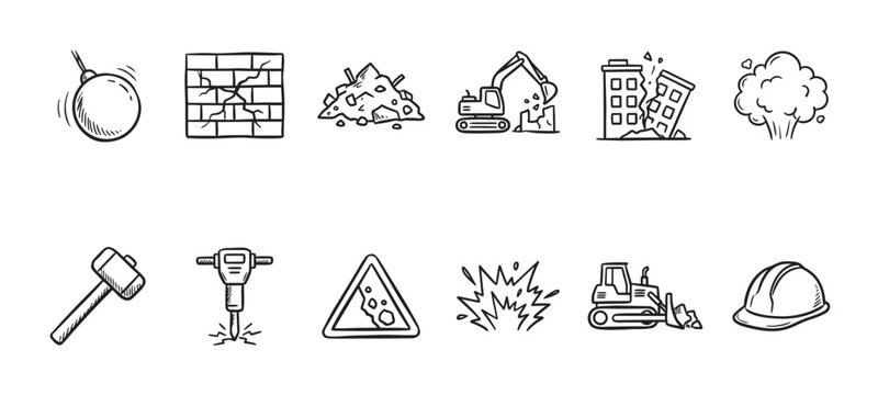 A collection of black and white hand-drawn icons representing demolition and construction, including a wrecking ball, excavator, and building collapse.
