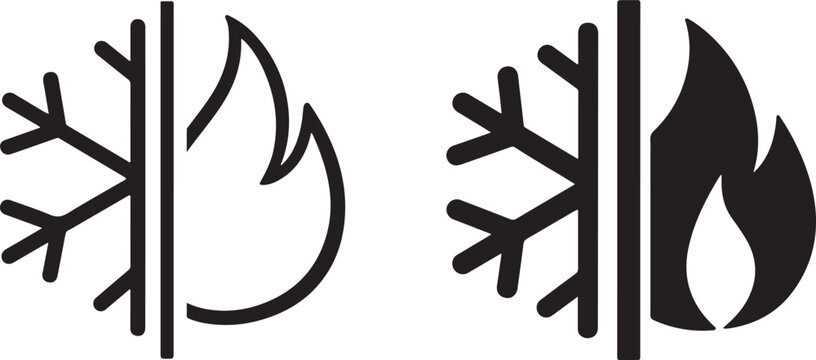 Heat and freeze icon with flame and snowflake symbol for hot cold temperature concept illustration