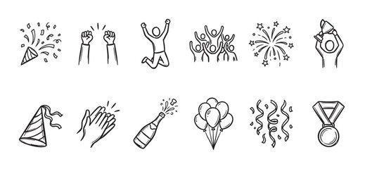 Naklejka premium A set of hand-drawn black and white doodle icons illustrating various celebration elements like confetti, balloons, champagne, and awards.