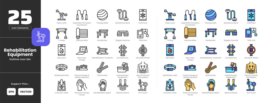 Rehabilitation equipment tools icon set collection - colored outline line art style. Containing arm cycle, balance board, cold pack, dumbbells, electric muscle stimulation, exercise mats, goniometer.
