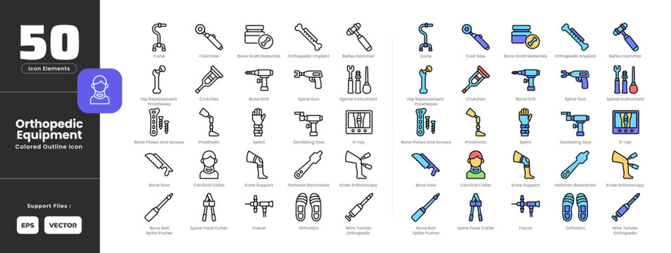Orthopedic equipment tools icon set collection - colored outline line art style. Containing bone ball spike pusher, drill, graft, materials, plates, bone saw, cane, cast saw, cervical collar.
