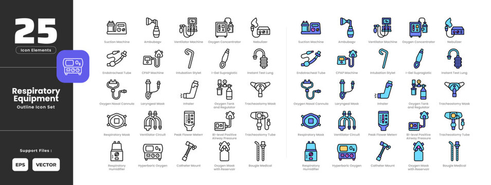 Respiratory equipment icon set collection - colored outline line art style. Containing ambubag, bi-level positive airway pressure, bougie medical, catheter mount, CPAP machine, endotracheal tube.