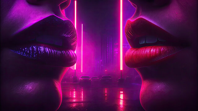 Sexy lips kissing in neon UV disco concept. Close-up of two lips with stylish makeup under neon lights.
