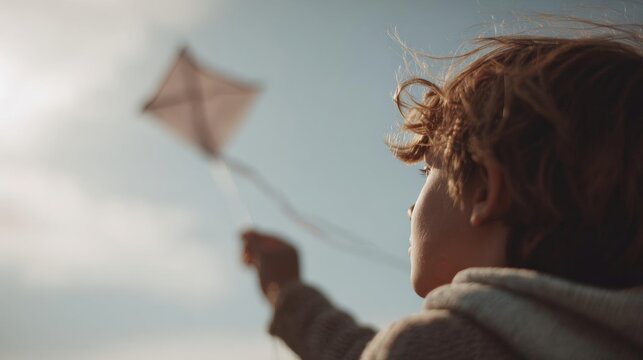 Young boy flying a kite in the sky. he is holding the kite with both hands and is looking up towards the sky with a focused expression on his face.